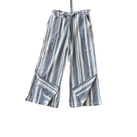 Kiss & Cry Linen Pants Womens L Elastic Waist, Tie, White Blue Wide Leg Beach - Picture 8 of 9